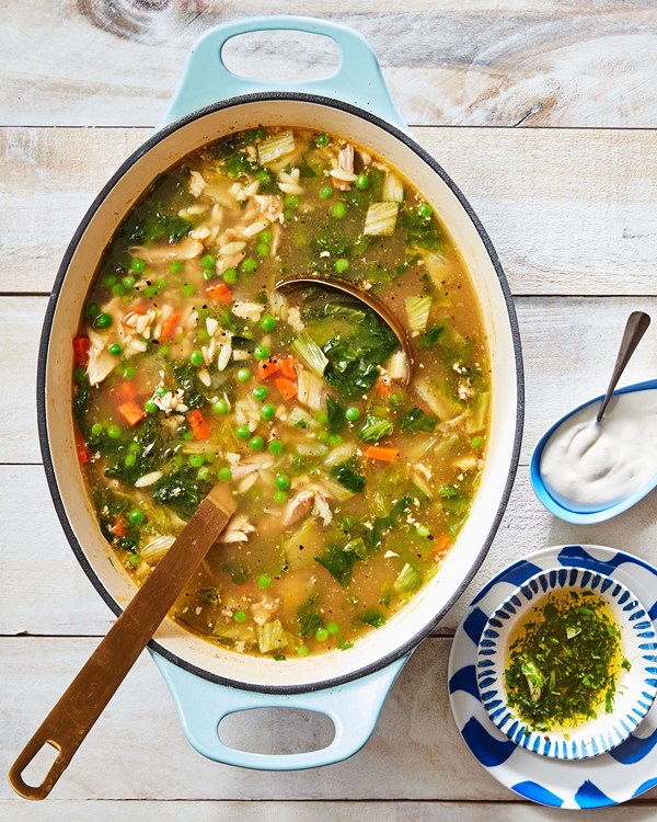 Chicken & orzo soup with peas, carrots, ranch herb sauce & crème fraîche