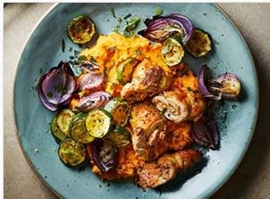 Chicken & pesto traybake with sweet potato mash