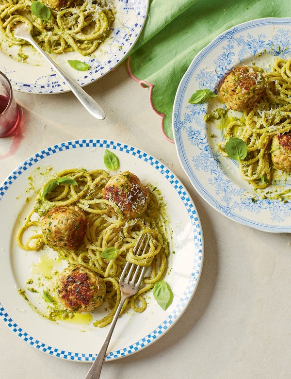 Chicken & ricotta meatballs with green spaghetti