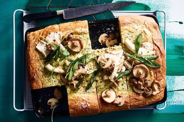 Chicken & sage brioche tart with pickled mushrooms