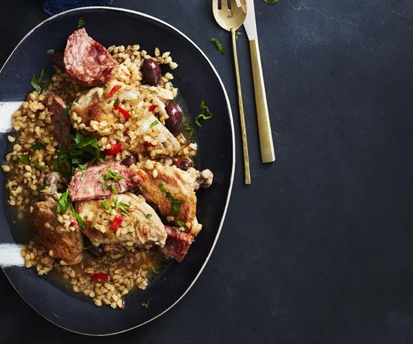 Chicken & salami with barley, olives & chilli