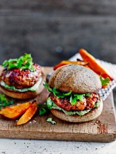 Chicken & slow-roasted tomato burgers with pesto mayonnaise