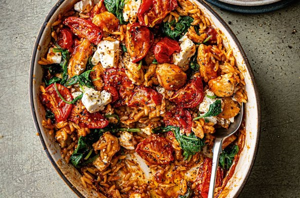 Chicken & tomato baked orzo with feta and spinach
