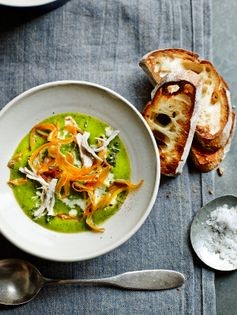 Chicken & watercress soup with vegetable crisps