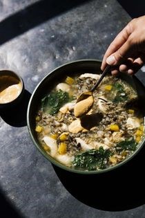 Chicken + wild rice soup w/kale + tomato paprika mayo