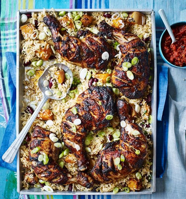 Chicken adobo with roast squash rice and smoky tomato relish