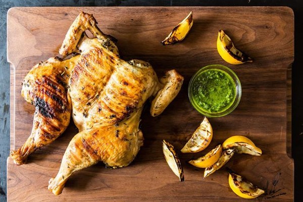 Chicken al mattone with thyme pesto