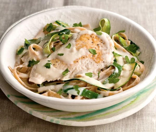 Chicken Alfredo with zucchini ribbons