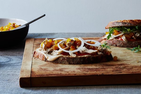 Chicken-amba (mango condiment) sandwiches with lime mayonnaise