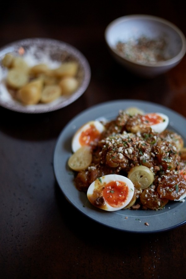 Chicken and apricot stew with preserved lemon, harissa and eggs