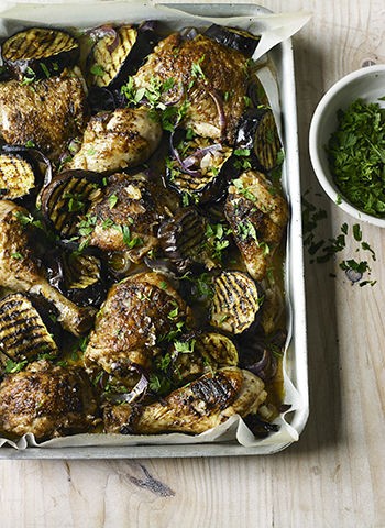 Chicken and aubergine tagine traybake