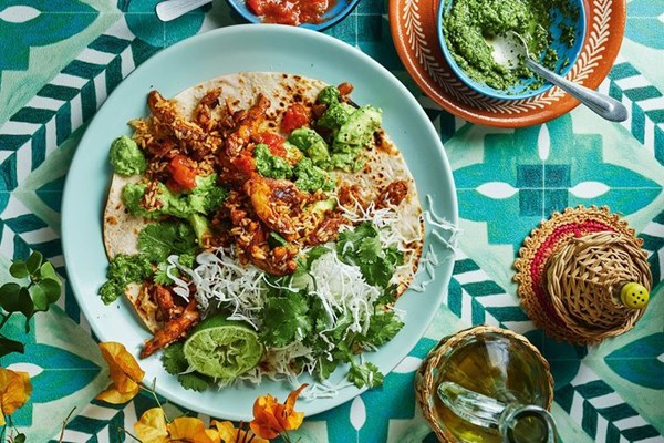Chicken and black bean burrito with mojo verde