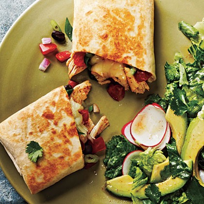 Chicken and black bean-stuffed burritos