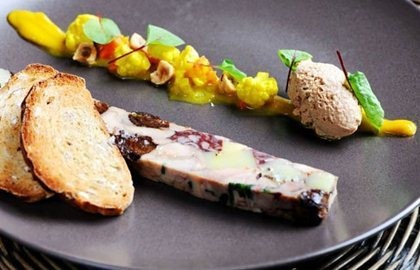 Chicken and black pudding terrine with piccalilli and toasted hazelnuts