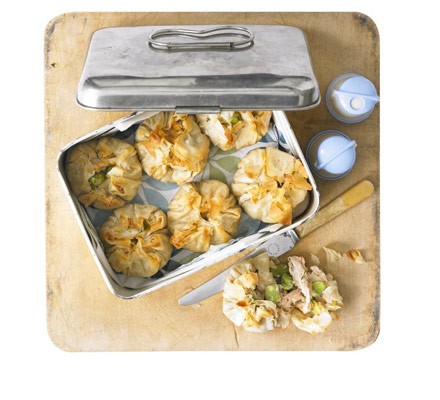 Chicken and broad bean filo pies