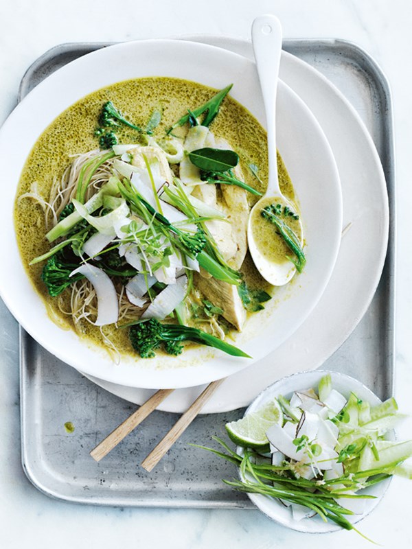 Chicken and broccolini curry with cucumber and coconut salad