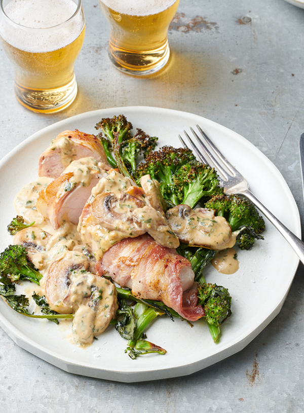 Chicken and broccolini with miso mushrooms