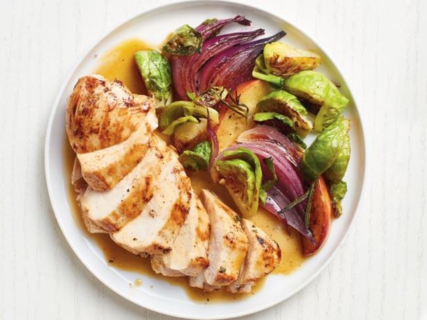 Chicken and Brussels sprouts with apple cider sauce