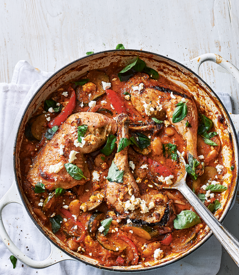 Chicken and butter beans in a tomato, courgette and pepper sauce