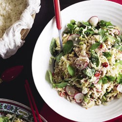 Chicken and cabbage larb with sticky rice