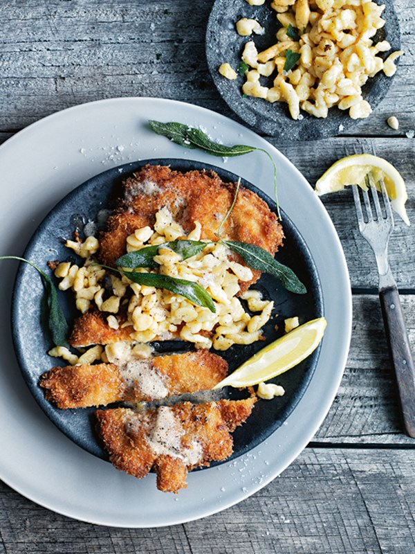 Chicken and caraway schnitzel with buttermilk spaetzle