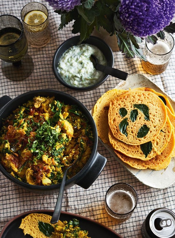 Chicken and cauliflower 'biriyani' with lentil roti
