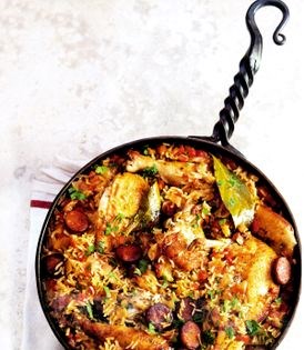 Chicken and chorizo over jasmine rice (Galinhada)