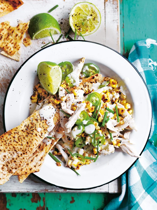 Chicken and corn nachos with jalapeño yoghurt
