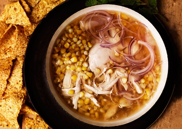 Chicken and corn soup with chile-mint salsa