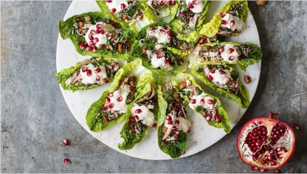 Chicken and date lettuce cups with lemon yoghurt