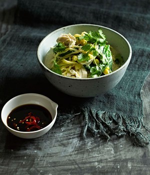 Chicken and egg noodle broth