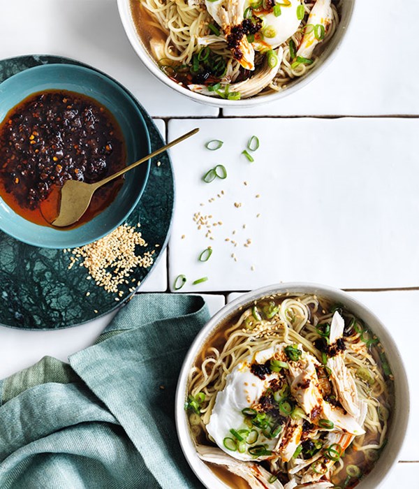 Chicken and egg noodle soup with ginger and chilli