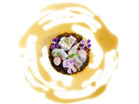 Chicken and egg, poached scrambled egg, chicken jus infused with katsuobushi, radish, seaweed powder