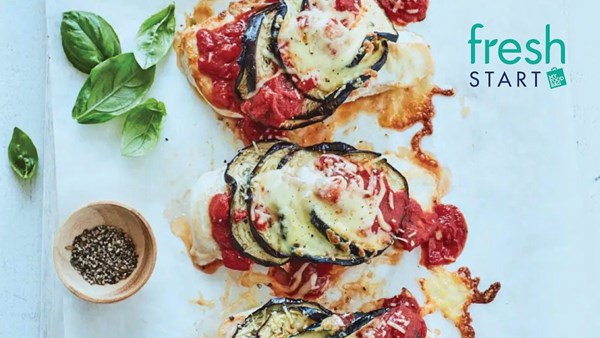 Chicken and eggplant Parmigiana with rosemary roasted kumara