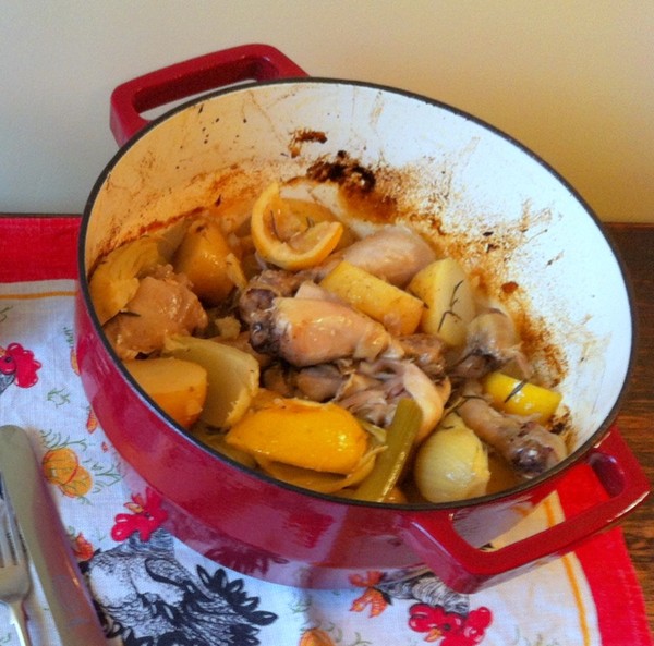 Chicken and fennel one pot meal in the pyrex slow cooker casserole