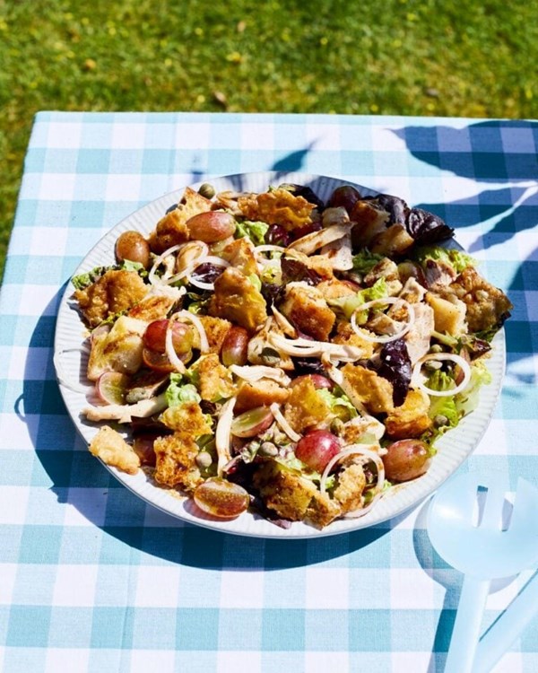 Chicken and grape salad with chicken fat croutons 
