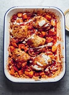 Chicken and harissa traybake with tahini drizzle