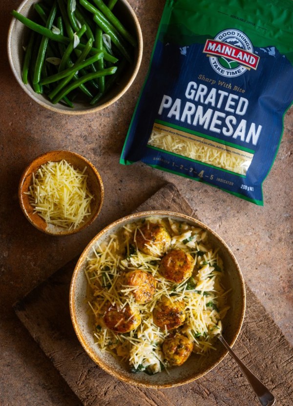 Chicken and herb meatballs with creamy orzo