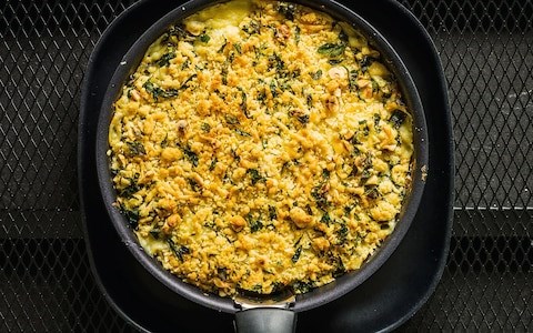 Chicken and leek pie with cheddar hazelnut crumble