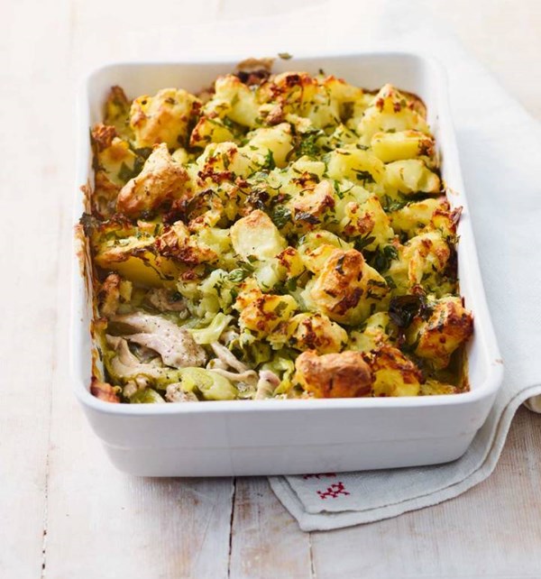 Chicken and leek pie with crispy potato