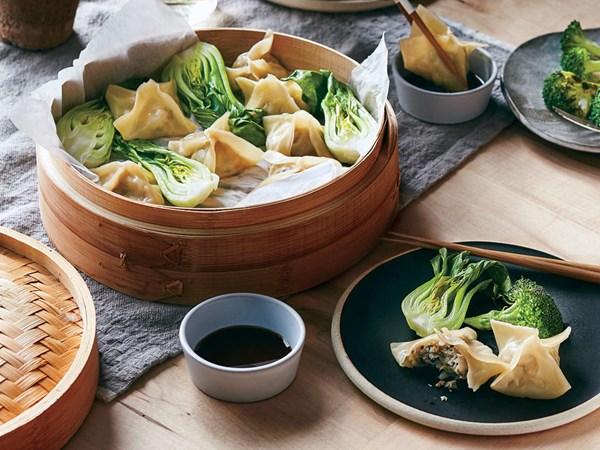 Chicken-and-mushroom dumplings with bok choy