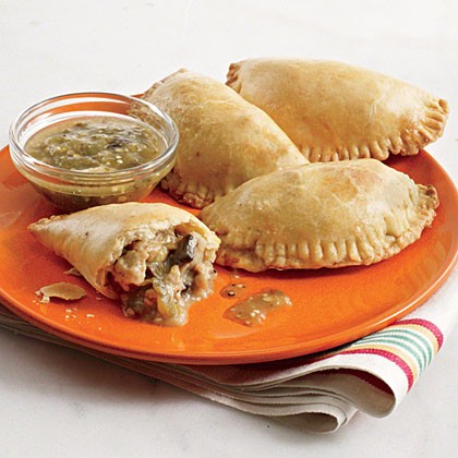 Chicken and mushroom empanadas with rosted tomatillo sauce