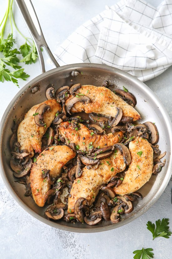 Chicken and mushrooms in a garlic white wine sauce