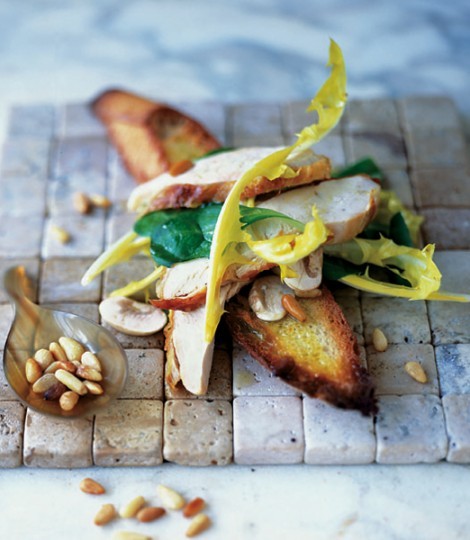 Chicken and mushrooms on bruschetta