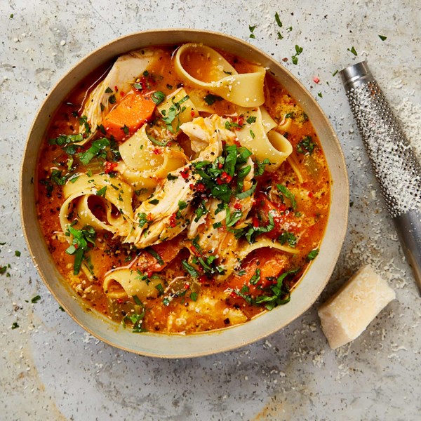 Chicken and Parmesan soup with pappardelle
