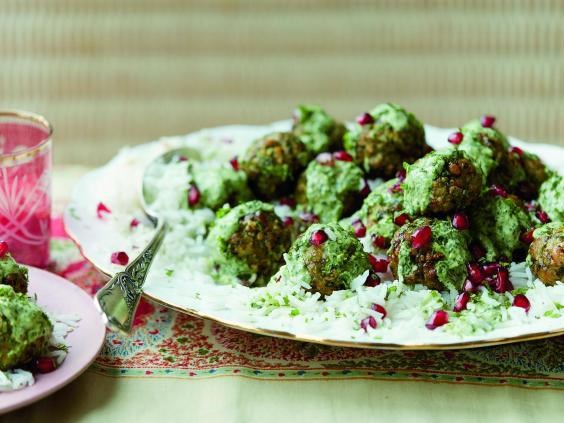Chicken and pistachio meatballs with cilantro tahini