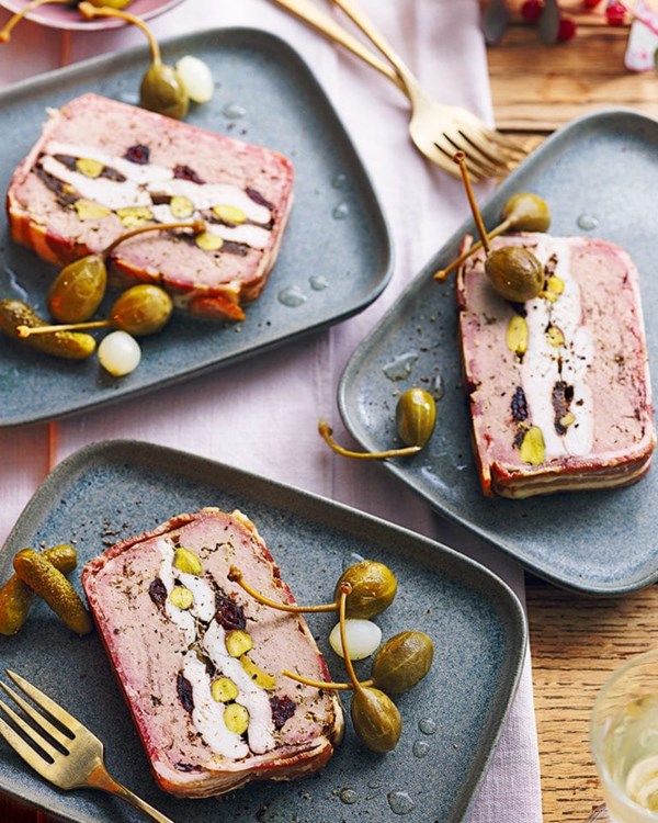 Chicken and pork terrine with whisky cranberries and pistachios