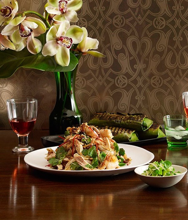 Chicken and prawn salad with caramelised coconut and lime