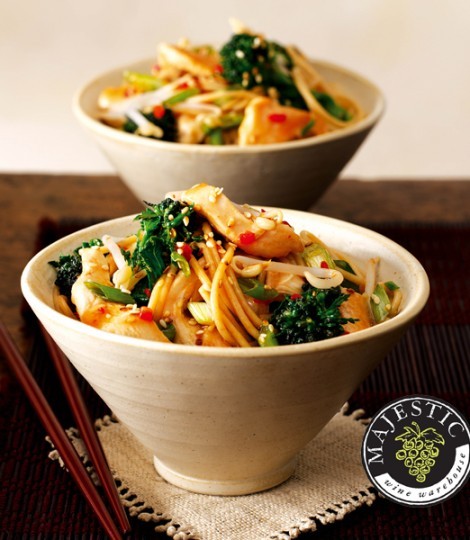 Chicken and purple broccoli stir-fry with wholewheat spaghetti