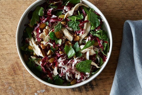 Chicken and radicchio salad  with pickled raisins & walnuts
